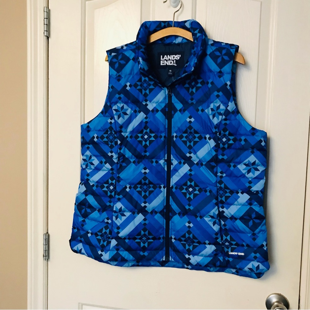 Lands' End Kids Blue Geometric Patterned Down Filled Vest Size XL